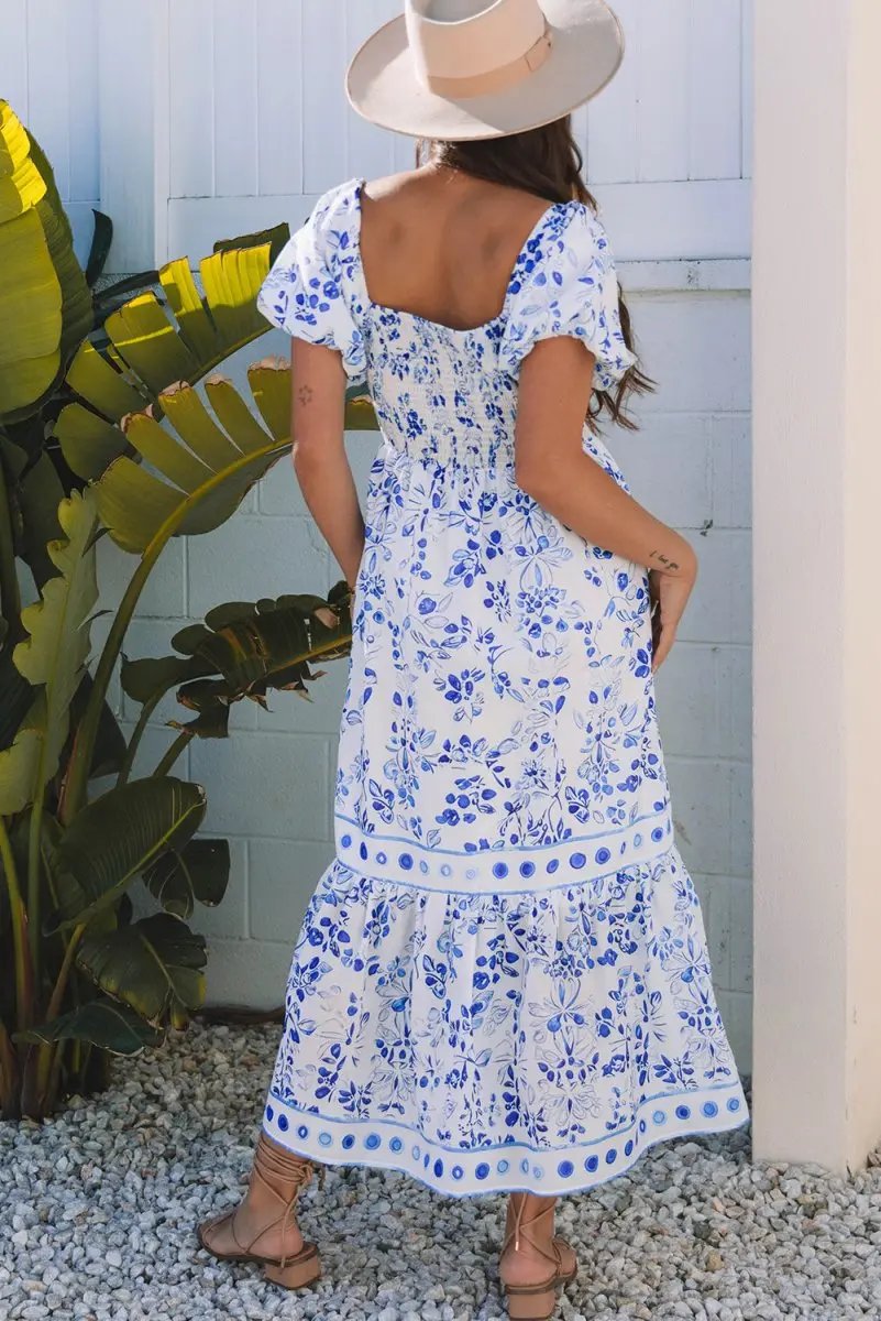 Sky Blue Floral Print Square Neck Bubble Sleeve Dress - Love Salve